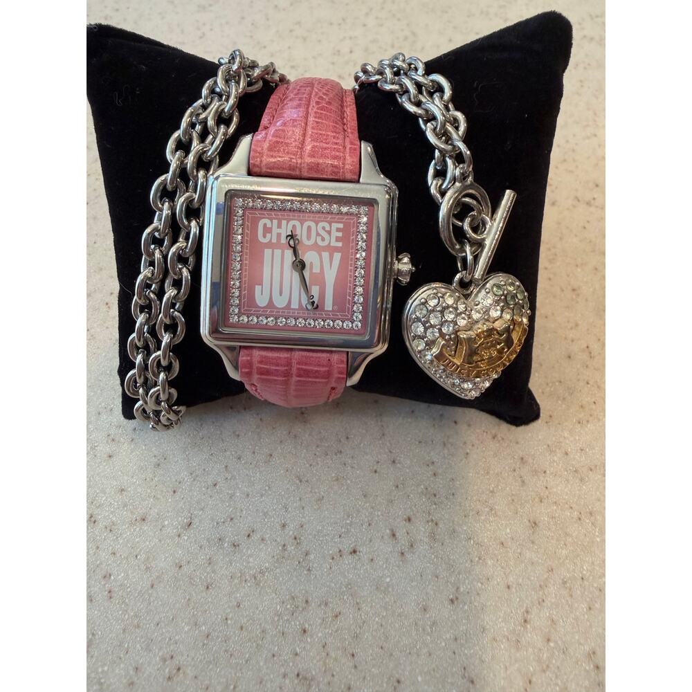 Juicy Couture Pink Leather Watch and Heart Necklace 16” Set.